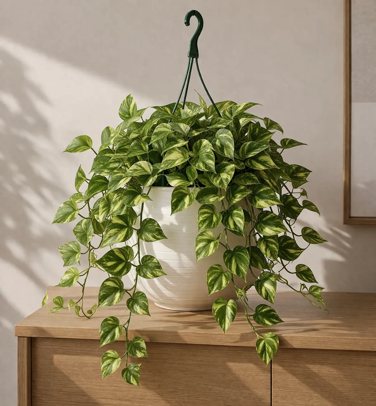 Hanging pothos plant in a soft neutral setting